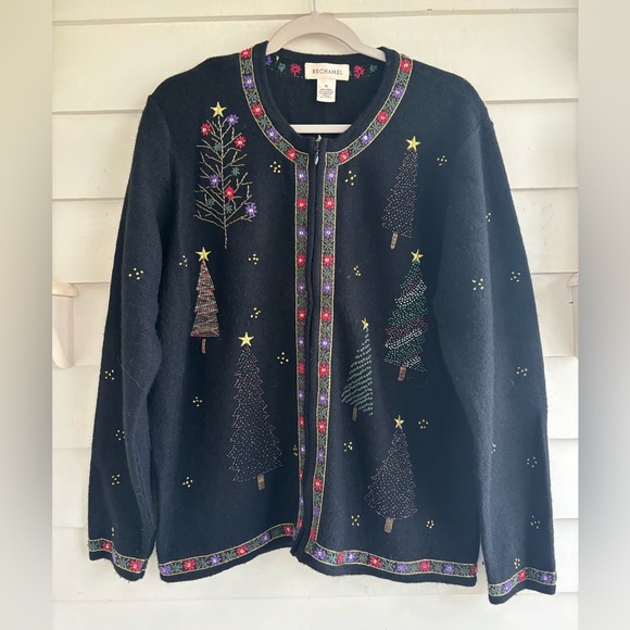 Bechamel Christmas Trees and Stars Wool Zip Up Sweater Size XL - Picture 2 of 13